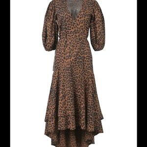 Ganni Puff-Sleeve Leopard-Print Wrap Dress